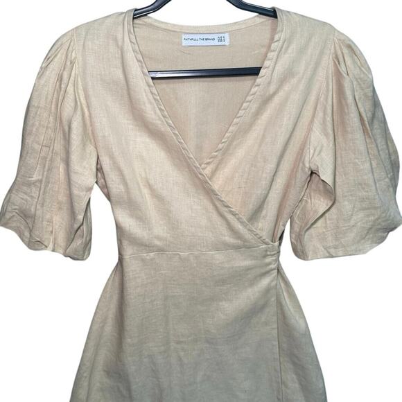 Faithfull The Brand NWOT Godiva Dress Wrap Linen Balloon Sleeves Beige Size 4 - Picture 5 of 12
